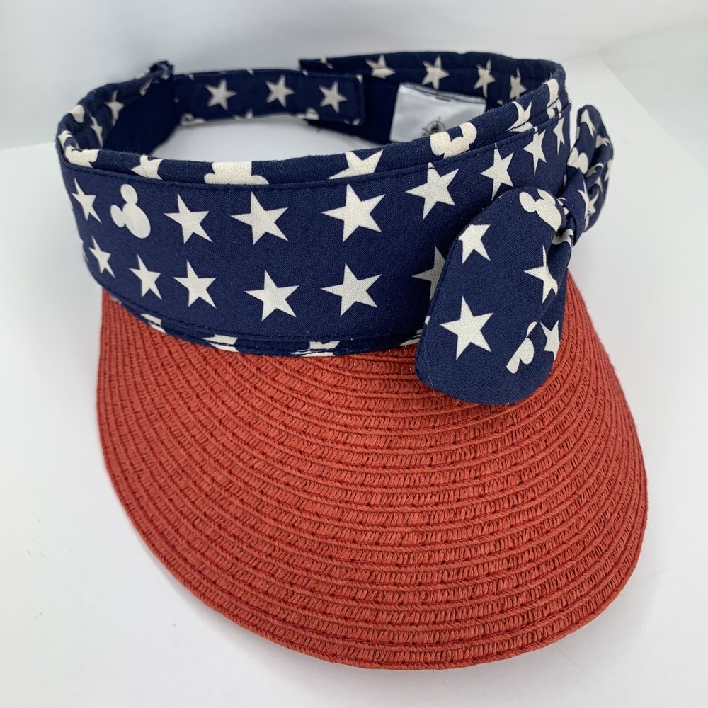 Disney Parks Visor Hat Star Mickey Mouse Bow Red White Blue Adjustable Beach Cap